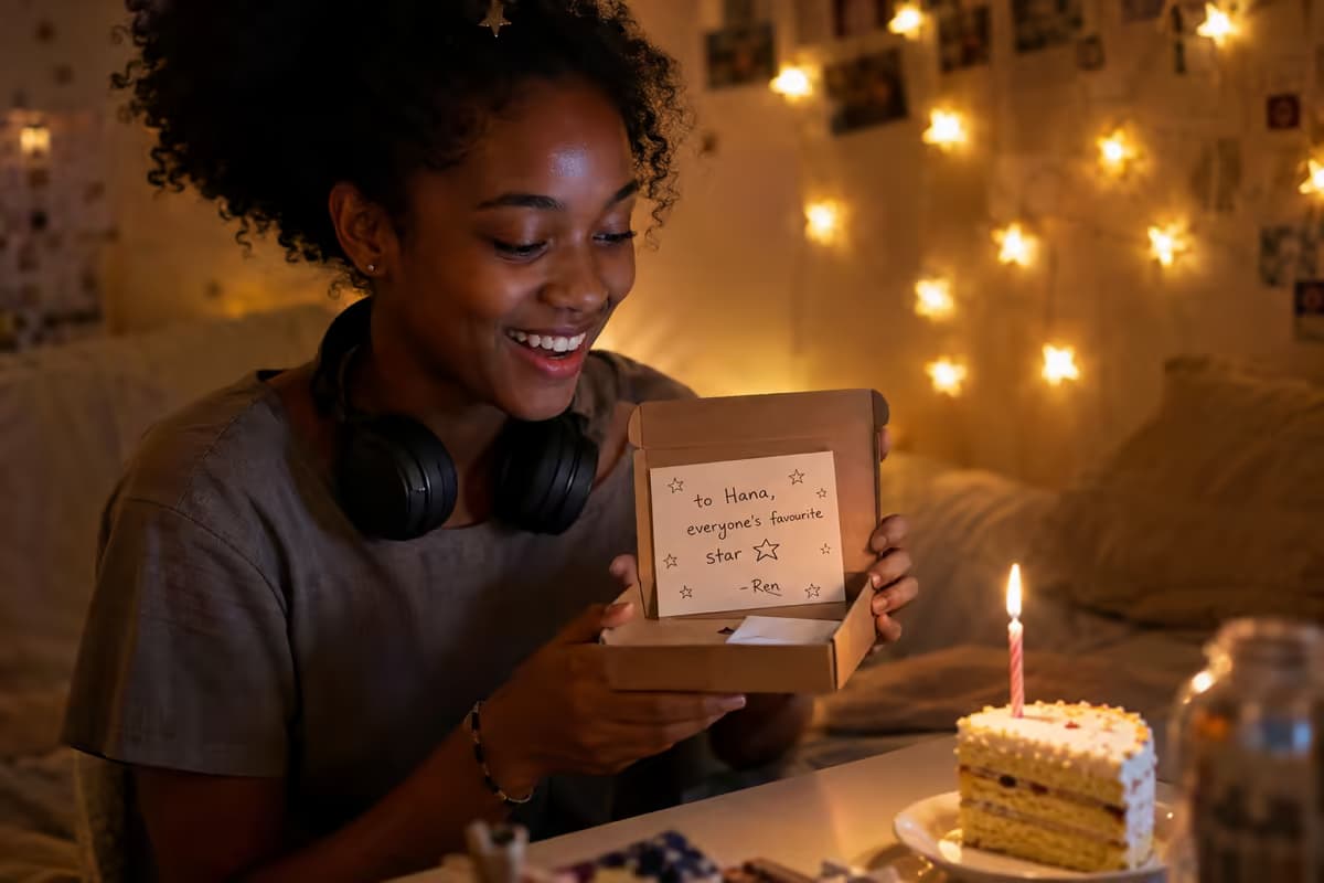 A young woman with headphones round her neck laughs as she opens a small box holding a single card that reads 'to Hana, everyone's favourite star — Ren', a slice of birthday cake with one candle beside her.