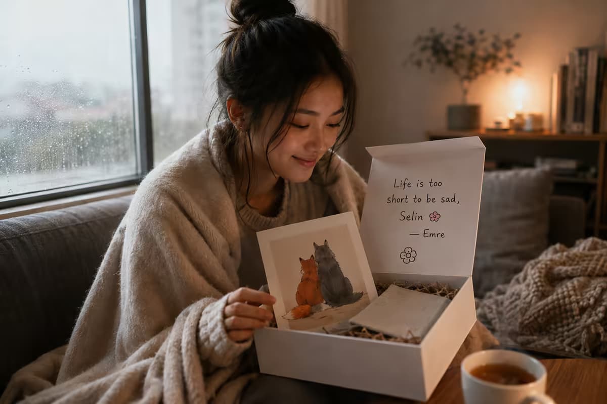 A young woman wrapped in a blanket by a rainy window, smiling as she lifts a fox-and-wolf print from a box whose lid reads 'Life is too short to be sad, Selin — Emre'.