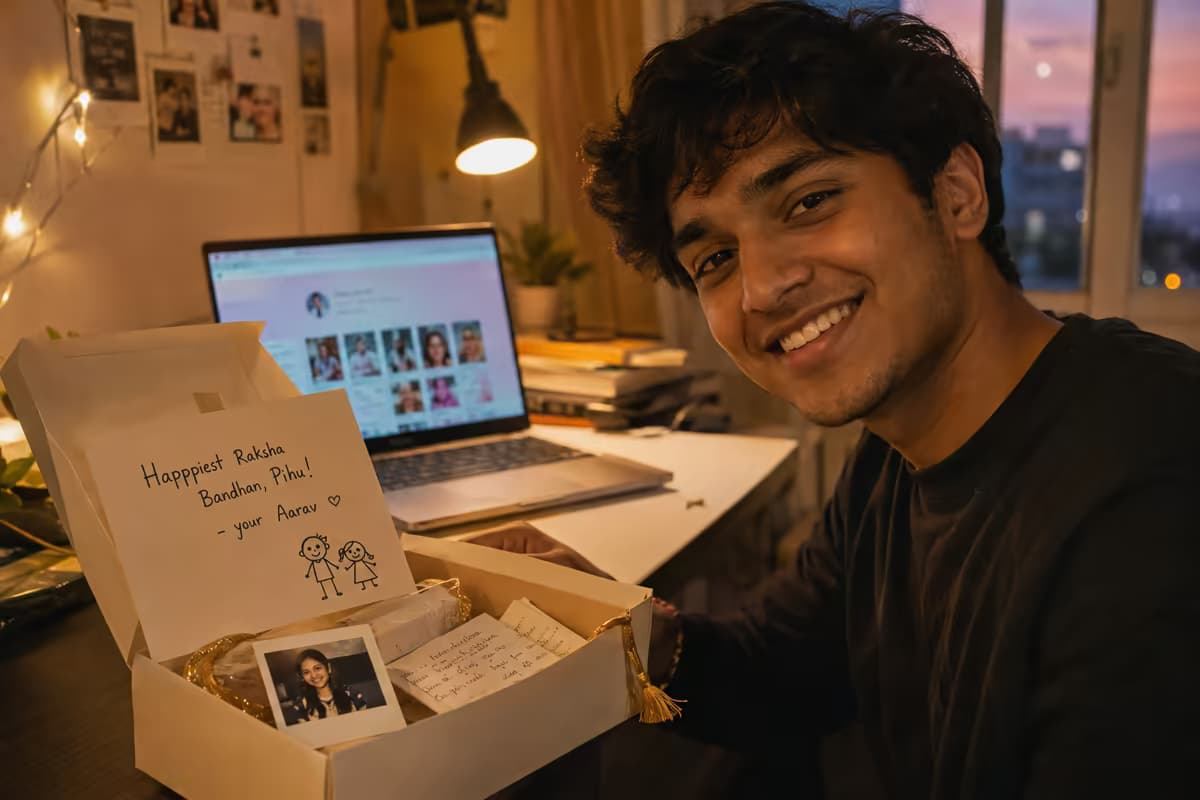 A young man smiles beside an open rakhi box holding a card reading 'Happpiest Raksha Bandhan, Pihu! — your Aarav', while the little website he built glows on the laptop behind it.