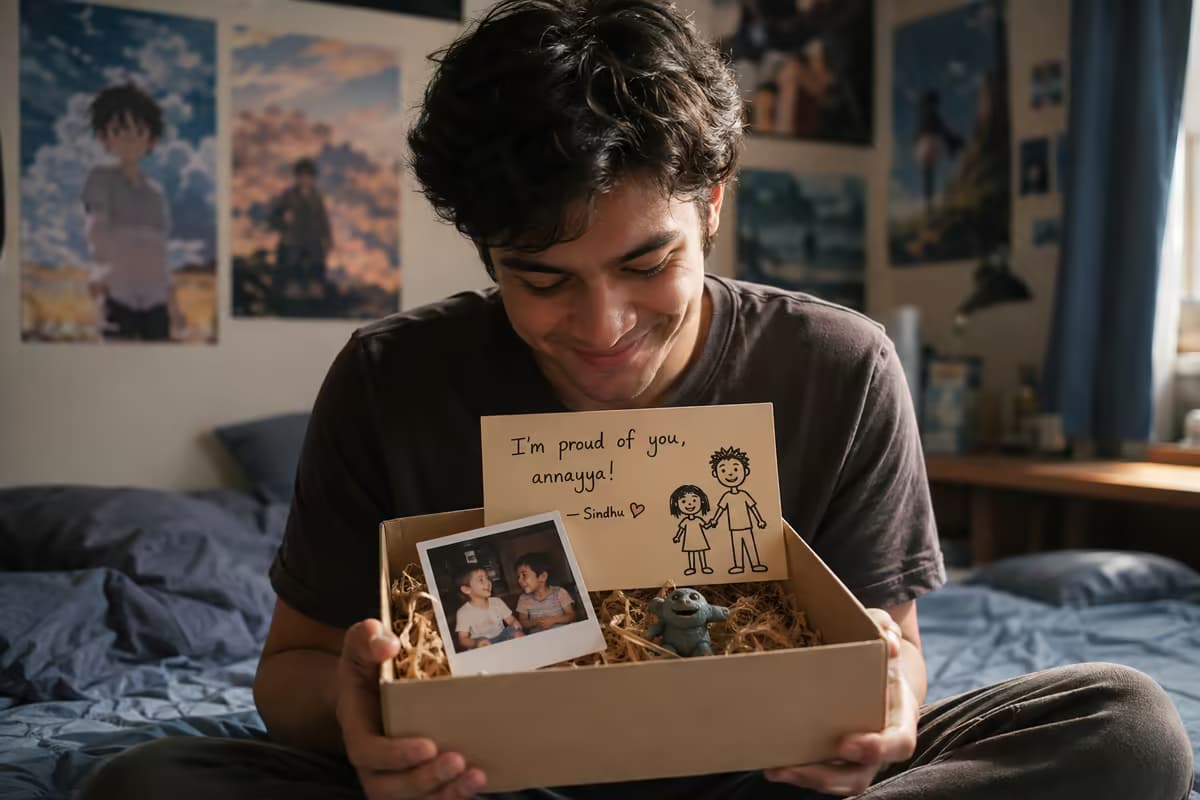 A young man sits cross-legged on his bed under anime posters, grinning at an open box holding a childhood photo, a small handmade clay figure and a card reading 'I'm proud of you, annayya! — Sindhu'.
