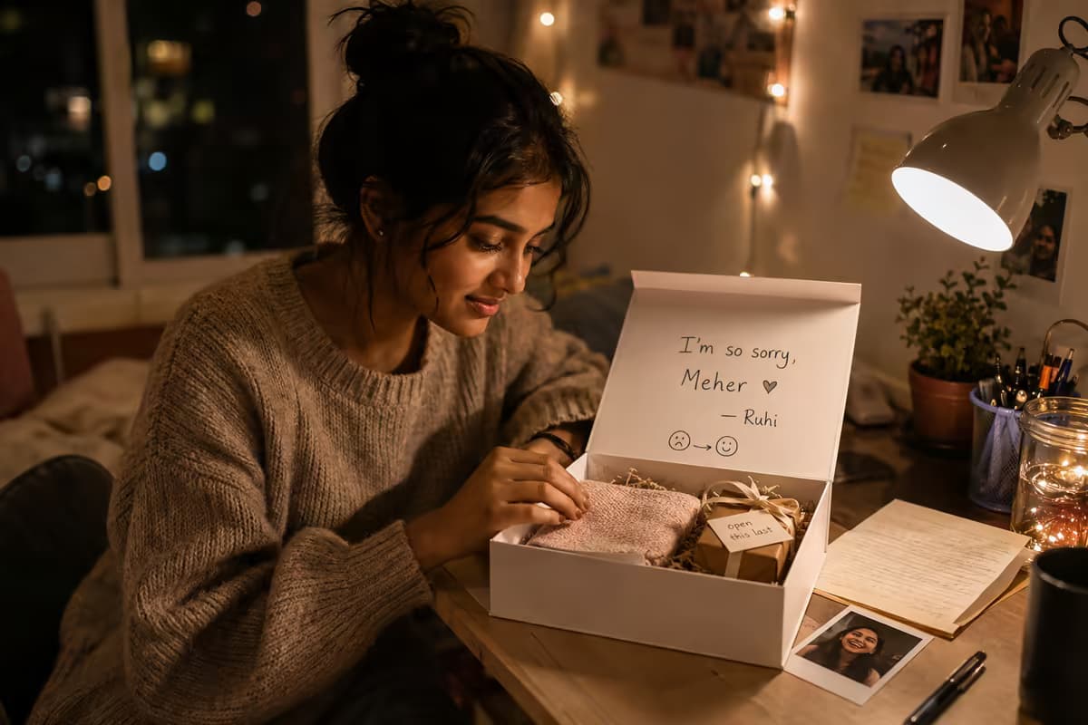 A young woman at her desk late at night, packing an apology box whose lid reads 'I'm so sorry, Meher — Ruhi' beside a handwritten letter and a small gift tagged 'open this last'.
