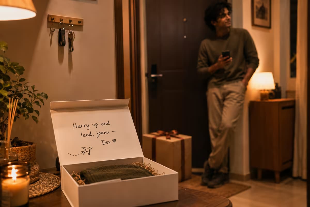 An open care box on a hallway table with a card reading 'Hurry up and land, jaanu — Dev', a wrapped gift waiting by the front door and a man glancing at his phone behind it.