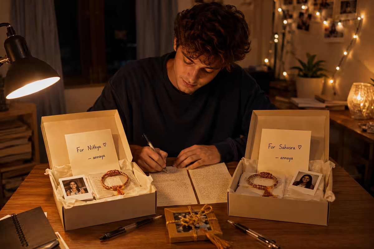 A young man writes a letter at a lamp-lit table between two open boxes marked 'For Nithya' and 'For Sahasra', each holding a rakhi, a photograph and a folded letter.
